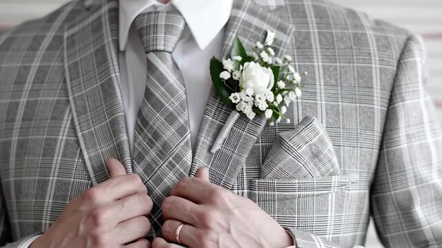 Luxury wedding groom wearing gray plaid suit with matching tie and white floral boutonniere creating elegant stylish look full of charm sophistication for special occasion