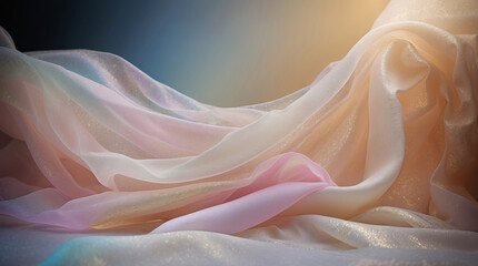 abstract cinematic pastel drapery glowing with iridescent golden light soft folds pink peach baby blue tones elegant dreamy background smooth flowing design product display wallpaper background