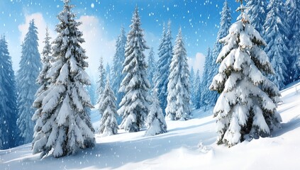 Fototapeta premium Snowy winter forest scene with falling snow