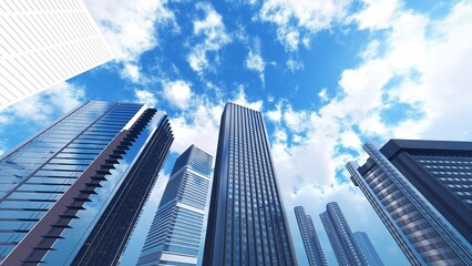 Obraz premium Skyscrapers, high-rise buildings from below against the background of the sky, cityscape, panorama of skyscrapers, 3D rendering