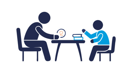 Illustration of two people sitting at a table with books and a circle on the table together