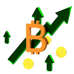 3D Bitcoin symbol with green upward arrows and gold dollar coins on a transparent background, representing cryptocurrency growth, rising market value, and bullish financial trends.