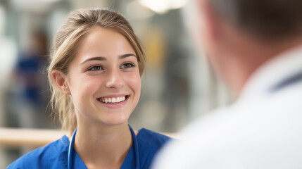 Krankenschwester in Ausbildung spricht mit Arzt 