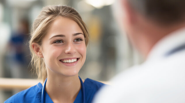 Krankenschwester in Ausbildung spricht mit Arzt 