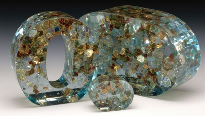 Three translucent, resin-based sculptures, shaped like a capital "O," a rectangular block, and a smaller, rounded form.  Embedded within the resin are colorful