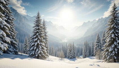Sunlight illuminates snow covered evergreen trees, creating a winter wonderland in a vast mountain valley