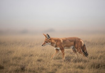 Obraz premium Ethiopian wolf canis simensis hunting rodent in grassland conservation area