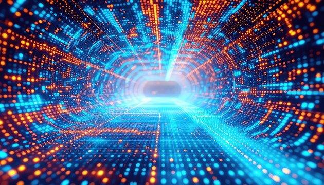 A digital tunnel showcasing vibrant patterns of light, perfect for illustrating themes related to technology and innovation