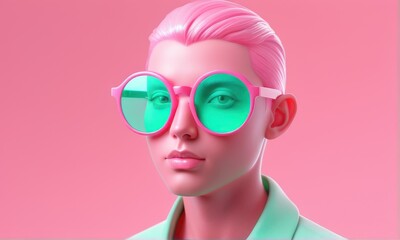 Stylized Female Portrait Pink Hair Green Sunglasses Minimalist Art