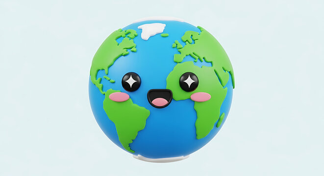 A cute 3D cartoon rendering of planet Earth with a happy, smiling face and sparkling eyes. - Powered by Adobe