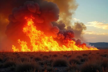 Fototapeta premium Wildfire Raging Through Dry Grassland Intense Flames and Smoke Consume the Landscape, showcasing the destructive beauty and raw power of natures fiery energy.