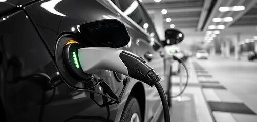 Close-up of electric car charging at a modern black and white station,  charging point,  transportation