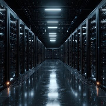 An interior view of a server room featuring rows of server racks and overhead fluorescent lighting