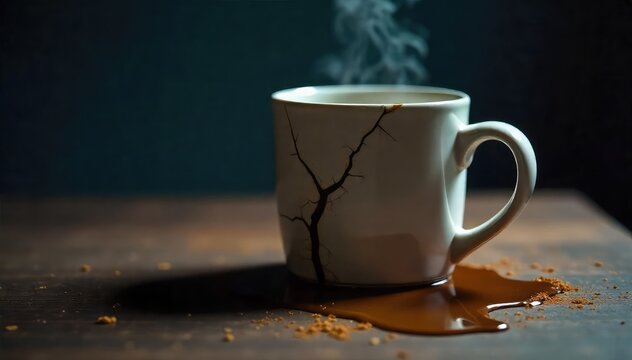 Close-up of a cracked ceramic mug, coffee spilled, dark and moody lighting; conveying a sense of loss and disappointment , angst, loneliness, desolate