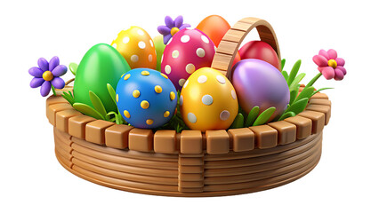 Colorful Easter Eggs in a Basket with Grass and a Flower Perfect for Spring Holiday Celebrations and Festive Decorations