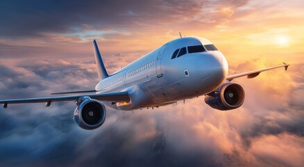 Obraz premium Jet plane soaring through sunset clouds