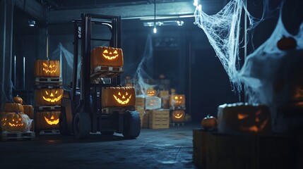 Forklift in a Halloween decorated warehouse lifting crates with spooky pumpkin faces surrounded by eerie decor like cobwebs and dim lighting capturing a playful Halloween vibe