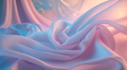 Obraz premium cinematic drapery of pastel iridescent fabric with glowing folds soft golden pink baby blue peach tones dreamy visual smooth elegant textured background product display wallpaper background
