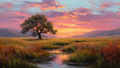 Sunset over meadow with tree and stream