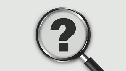 Overhead view of a metallic magnifying glass focusing on the word "question mark ? " in bold black font against a light gray background. Clean, modern, minimalist concept for business and analysis.