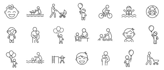 Kids activities icon set of 21 line symbols for blogs, websites, clipart for cards, school and parent education, safety awareness, presentations and apps