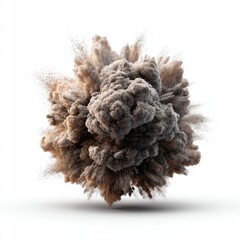 Exploding beige and taupe sphere of dust against white background