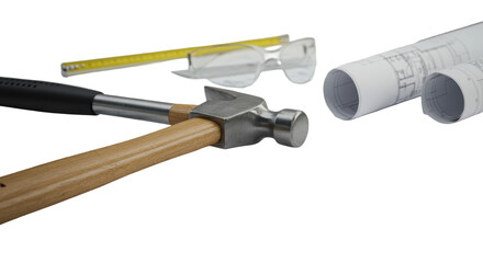 A sleek, modern claw hammer with polished metal head on crisp, cool-toned architectural blueprints, on a clean minimalist desk with soft studio light, symbolizing strategic planning and innovation