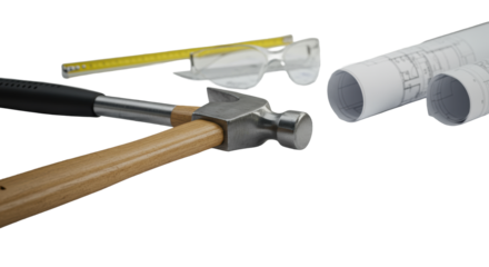 A sleek, modern claw hammer with polished metal head on crisp, cool-toned architectural blueprints, on a clean minimalist desk with soft studio light, symbolizing strategic planning and innovation