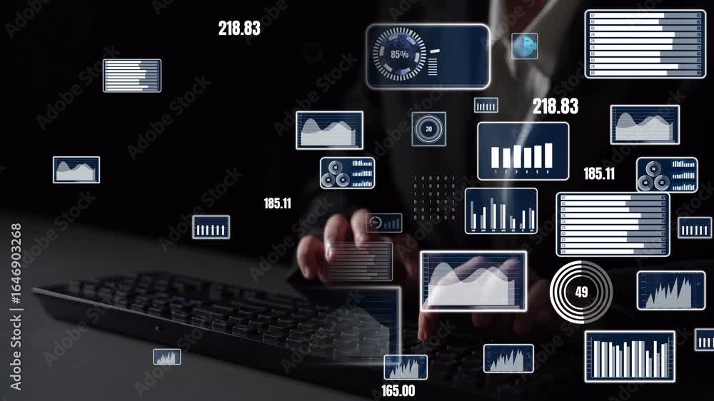 Poster close-up view of hands typing on a keyboard with floating data visualization elements. this image re