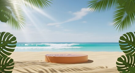 Fototapeta premium Tropical beach scene with podium for product display and palm leaves