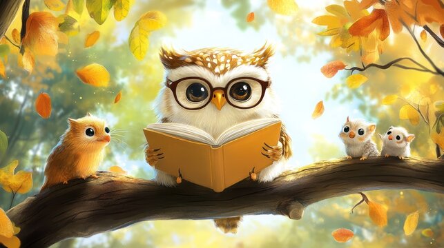 Adorable owl wearing glasses reads a book perched on a branch amidst falling autumn leaves, accompanied by two small, curious creatures