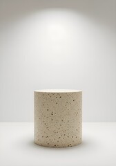 Smooth limestone podium in pale beige color with fine porous texture, soft top-down lighting for product placement, minimal style, isolated on pure white background.

