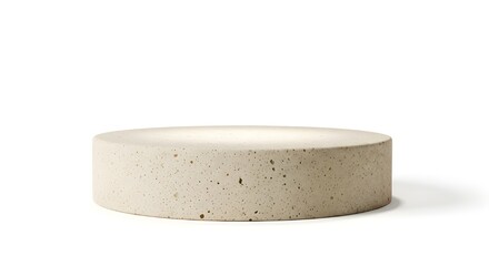 Smooth limestone podium in pale beige color with fine porous texture, soft top-down lighting for product placement, minimal style, isolated on pure white background.
