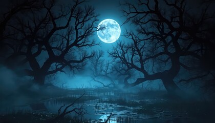 Full moon casts an eerie glow over a misty swamp landscape with dark, skeletal trees reaching into the night sky