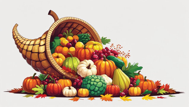 Abundant harvest cornucopia overflowing with pumpkins gourds and berries autumn fall
