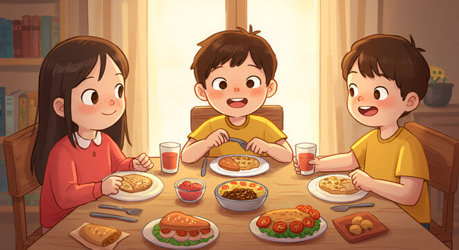 Charming cartoon illustration of three children enjoying a meal together at home