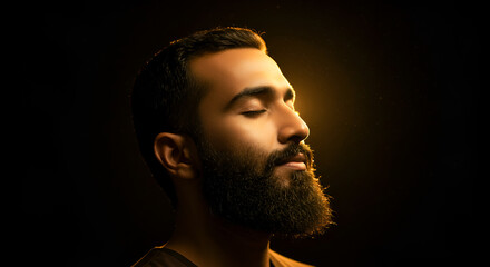 Contemplative bearded man eyes closed, bathed in a golden light aura
