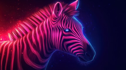 Fototapeta premium Neon zebra portrait, vibrant pink and blue hues, dark background