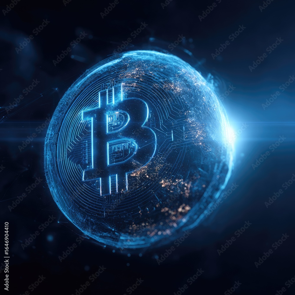 Poster blue bitcoin symbol with circuitry pattern against dark space backdrop with light glare