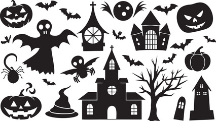 Halloween Silhouette Vector Set with Pumpkins Ghosts Bats Haunted Houses and More