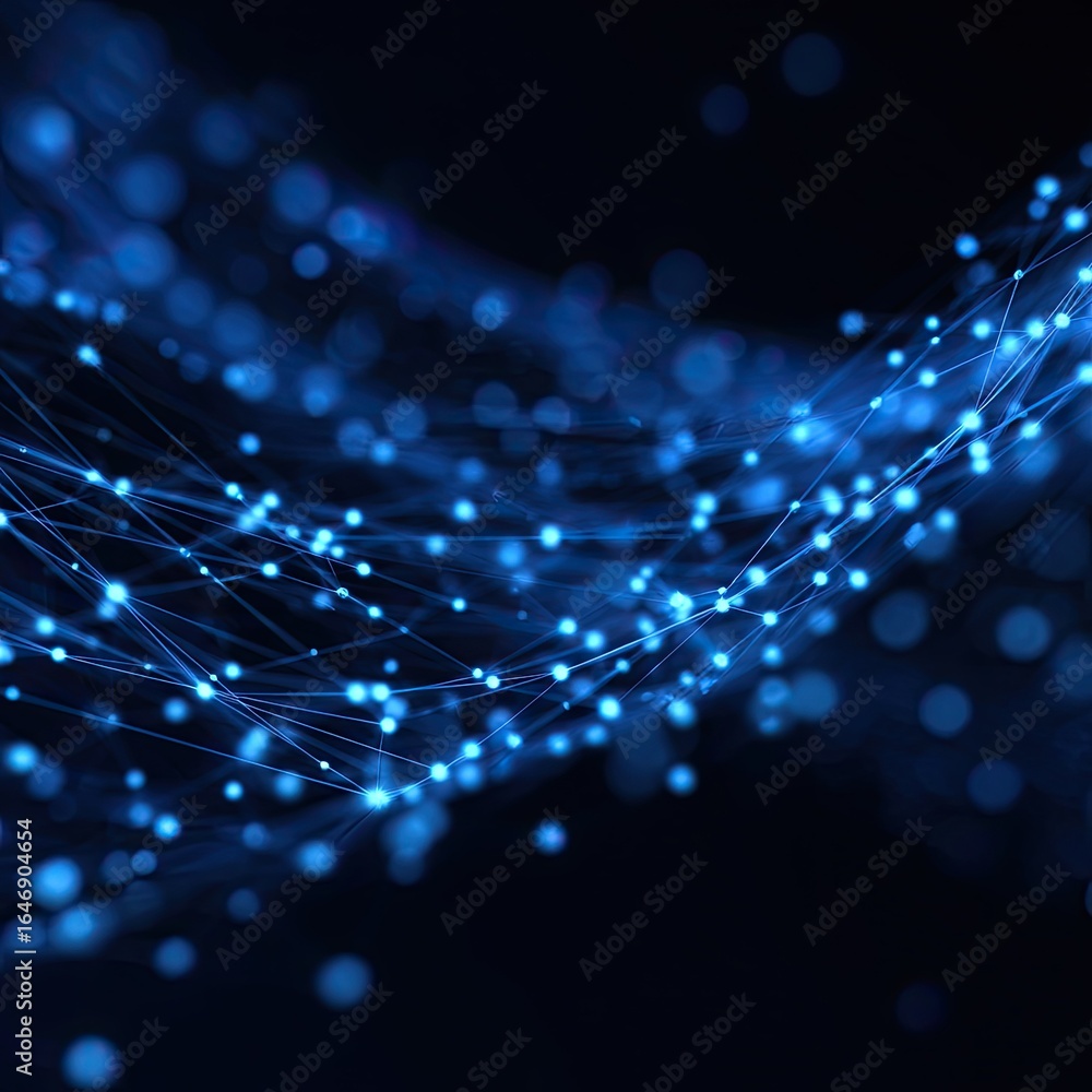 Poster blue network glowing nodes connected by thin lines some blurred against a dark background