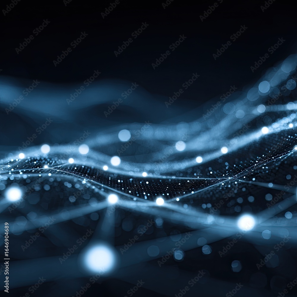 Poster blue network with glowing points lines and waves on a dark background