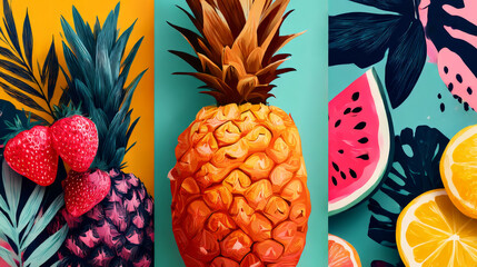 Stylish summer poster pineapple set in flat style. Bright fruit compositions. Set of flyers, posters, banners, placards, brochure design. Hello Summer, backgrounds with slices of fruits. Vector