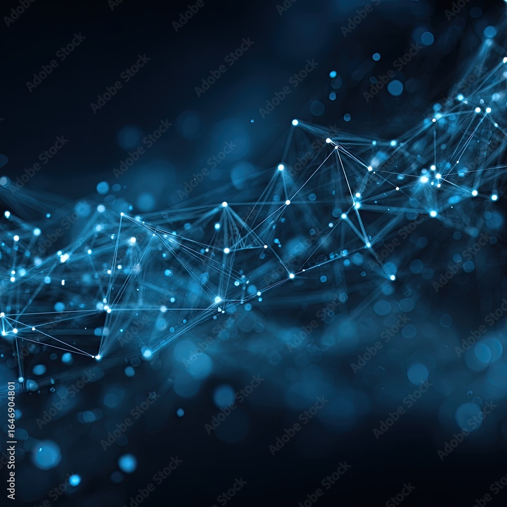 Poster blue network with light points connected by lines blurred light orbs in the background