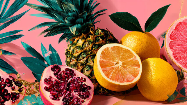 Stylish summer poster pineapple set in flat style. Bright fruit compositions. Set of flyers, posters, banners, placards, brochure design. Hello Summer, backgrounds with slices of fruits.  Vector