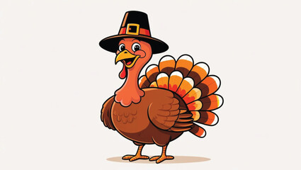 Cartoon turkey wearing a pilgrim hat with fanned tail feathers thanksgiving bird