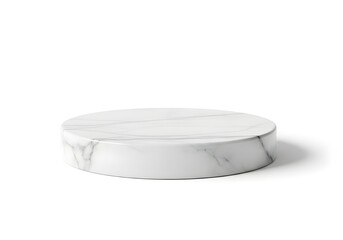 Minimal 3D circular stone podium crafted from white marble with subtle grey veining, high-polish finish, and soft diffused shadows, photorealistic rendering, isolated on pure white background.
