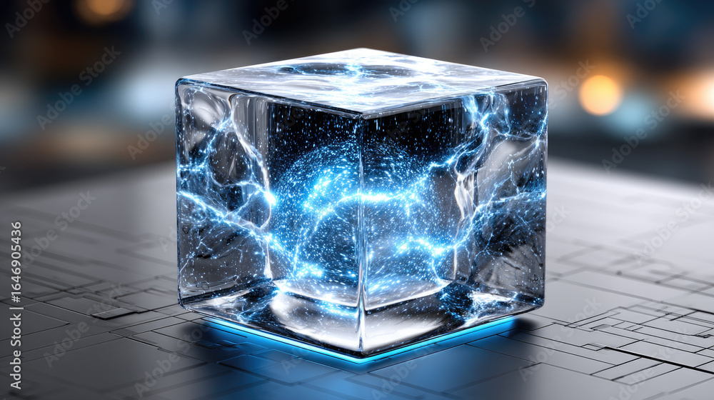 Poster transparent cube revealing intricate electronic circuits, glowing components representing cutting-ed