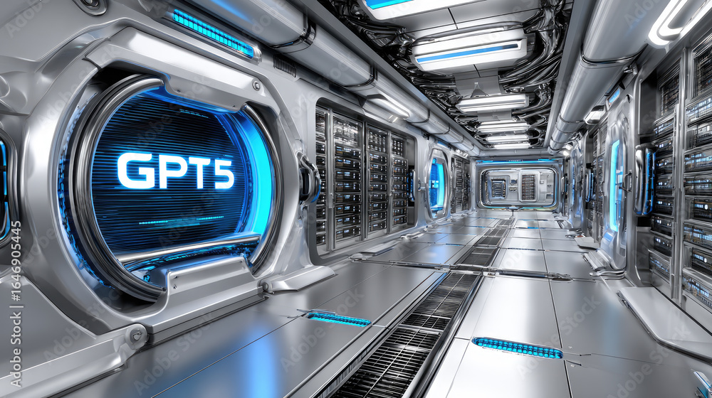 Poster futuristic data center corridor glowing in blue light with gpt 5 logo representing advanced ai and m