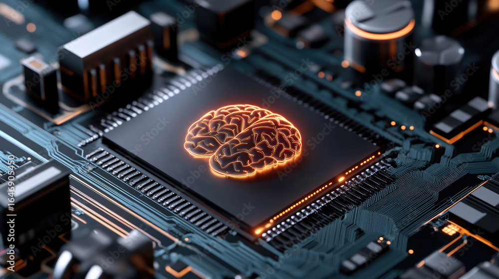 Poster glowing orange brain symbolizing gpt-5 artificial intelligence is positioned on a dark circuit board